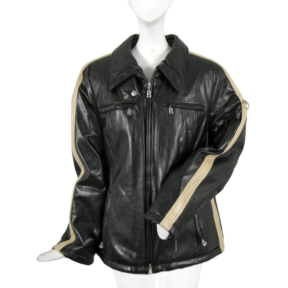 NEW $2295 Bogner Faux Leather Jacket! 10 14 Black With Tan Stripes Eagle Lining